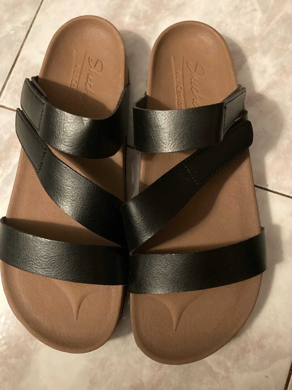 Skechers Women’s Black Multi-Strap Slide Sandals with Brown Footbed